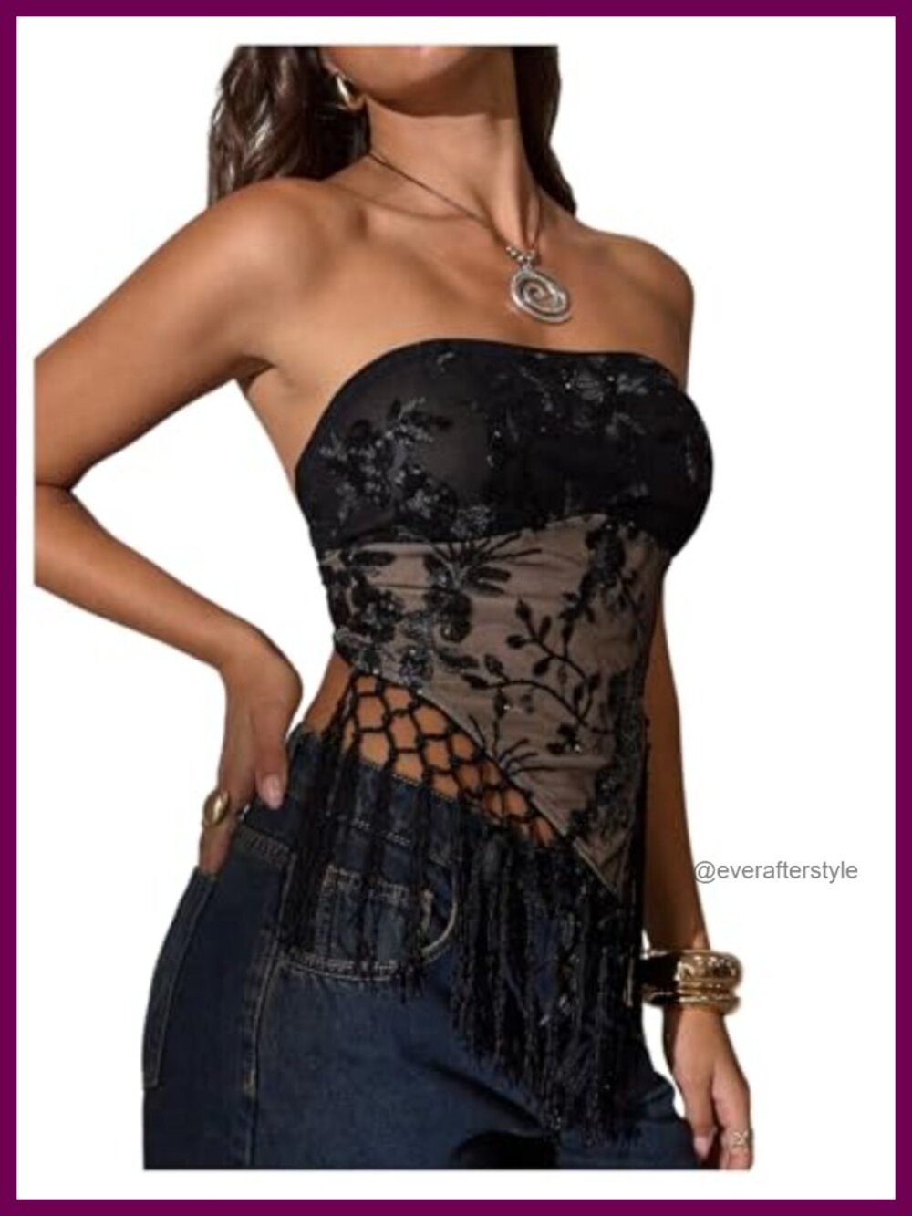 Sequin Fringe Tube Top Y2K Mesh Sheer Rave Party Top for Women